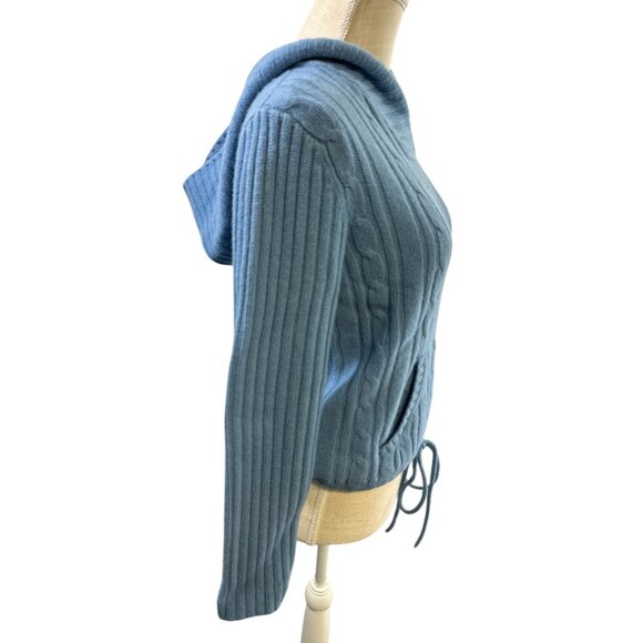Twiggy London Lambswool Blue Sweater Hoodie Cable Knit Tie Waist Pocket Sz S - Picture 3 of 10